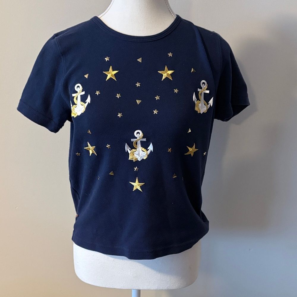 VTG Shipshe Navy Blue Kids Shirt with Gold Star and Anchor Design. Size Medium